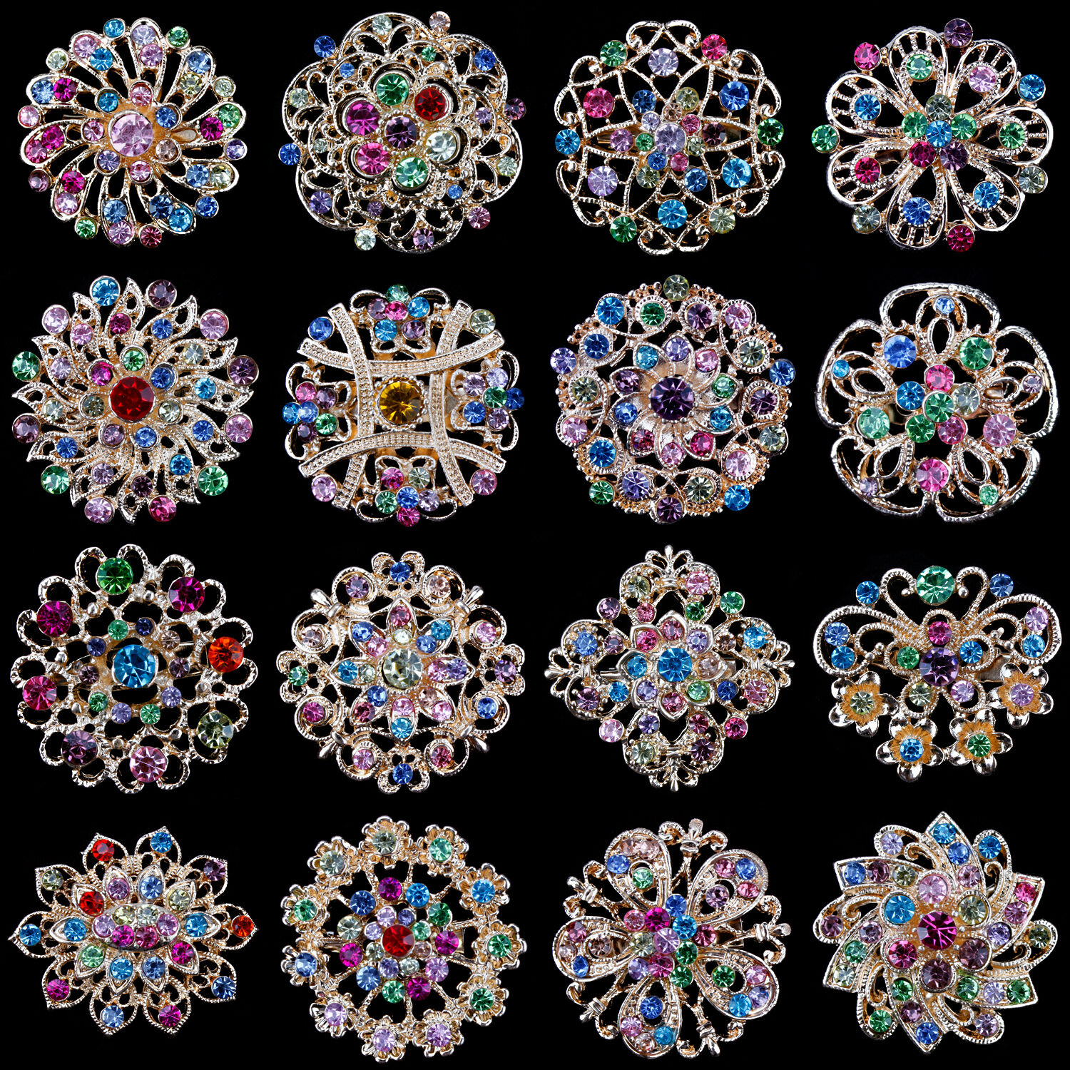 Lot 16 Pc Mixed Vintage Style Golden Rhinestone Crystal Brooch Pin Diy Bouquet