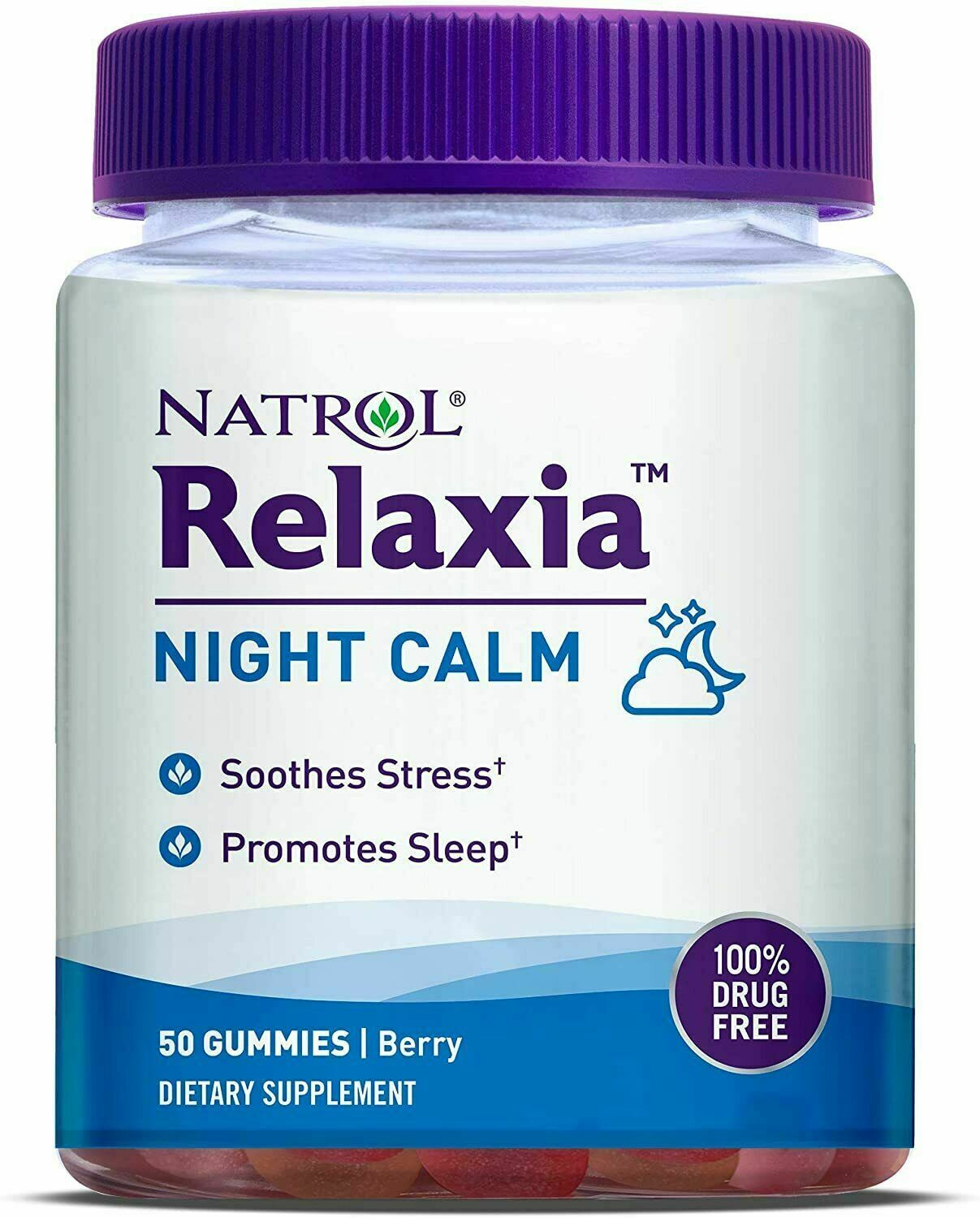 Natrol Relaxia Night Calm 50 Gummies Berry Flavor Melatonin 5HTP 100% Drug Free