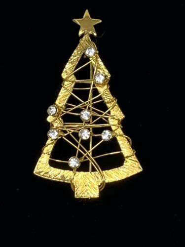 Christmas Tree Brooch Goldtone Wired Design Rhinestone Ornaments Holiday Pin