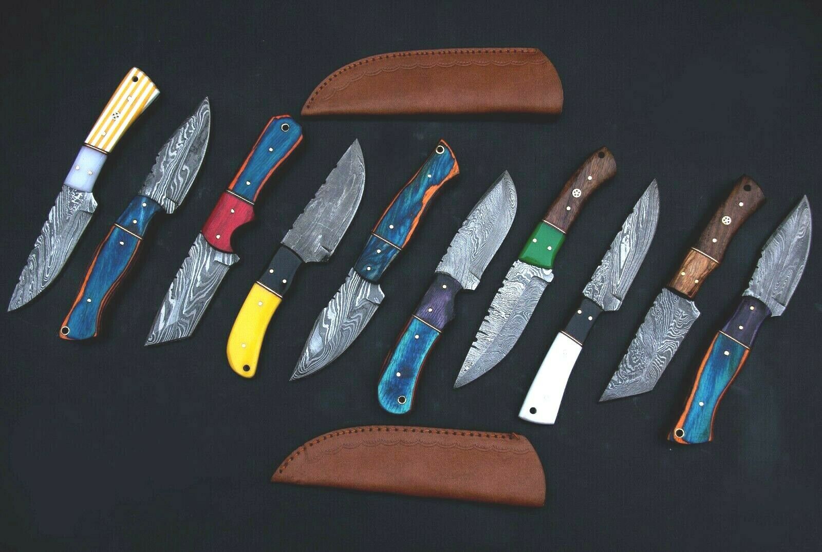 Skinning Knives Lot With Sheath,10 Pieces Damascus Steel Camping Knives Lot