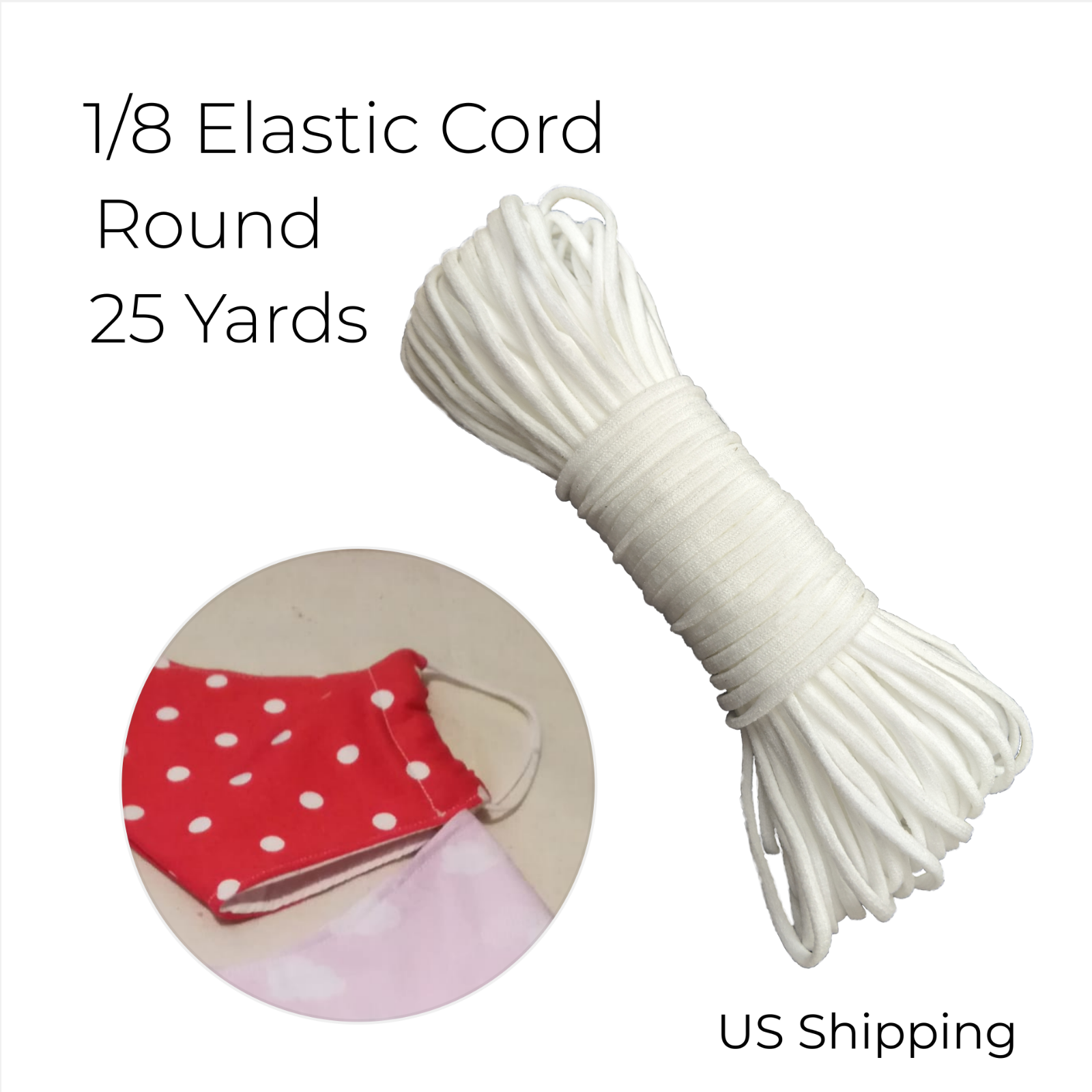 25 Yard Round Elastic Cord 1/8-inch (3mm) White Elastic String For Earloop