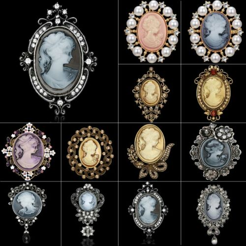 Retro Cameo Queen Brooch Pin Old Gold Rhinestone Crystal Elegant Women Jewelry