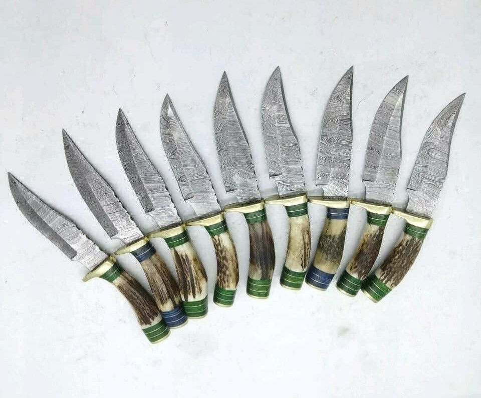 9 piece Custom Handmade Damascus steel fix Blade Camping Survival knife. .