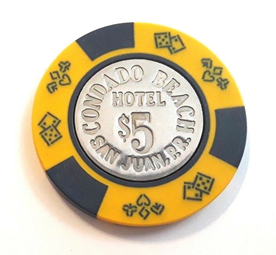$5 Condado Beach Casino Yellow & Blue Coin Chip San Juan Puerto Rico Bud Jones