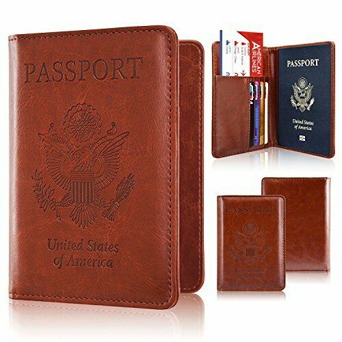 Passport Holder Case,  Protective Premium PU Leather RFID Blocking Wallet Brown