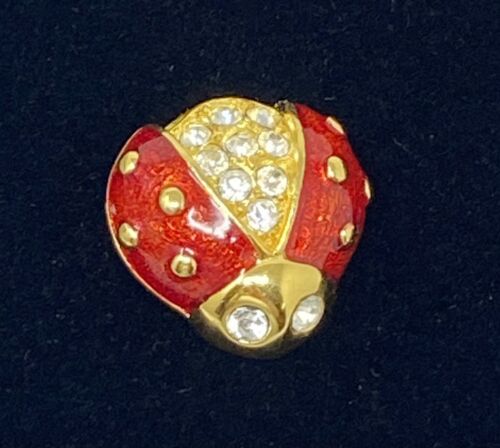 Goldtone Ladybug Brooch Red Enamel Clear Rhinestones LIA Style Unsigned