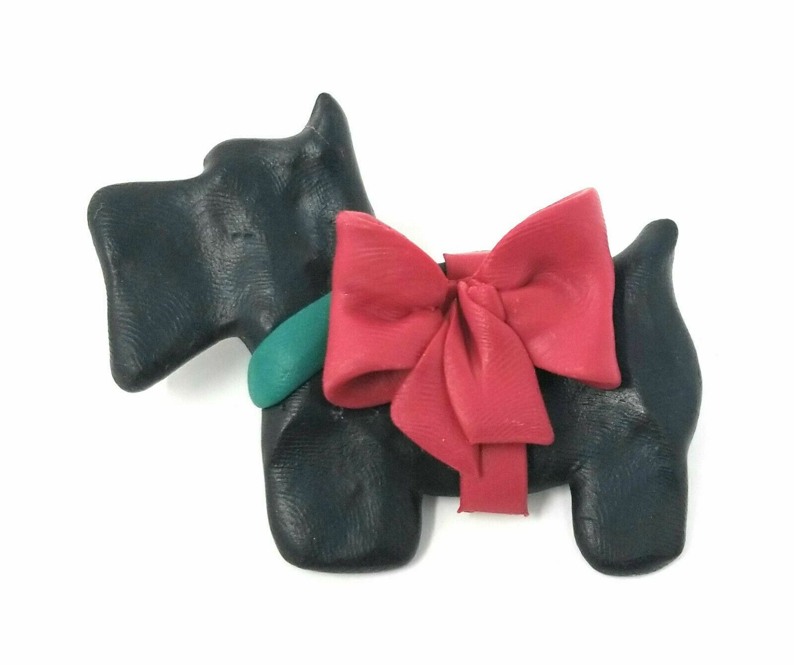 Black Clay Scottish Terrier Dog Red Bow Green Collar Costume Jewelry Brooch Pin