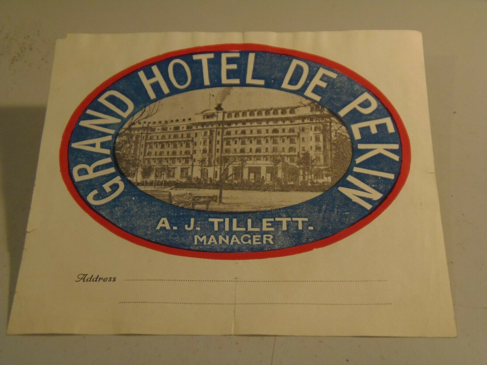 Grand Hotel De Pekin, A. J. Tillett Manager Vintage Luggage Label 12/18