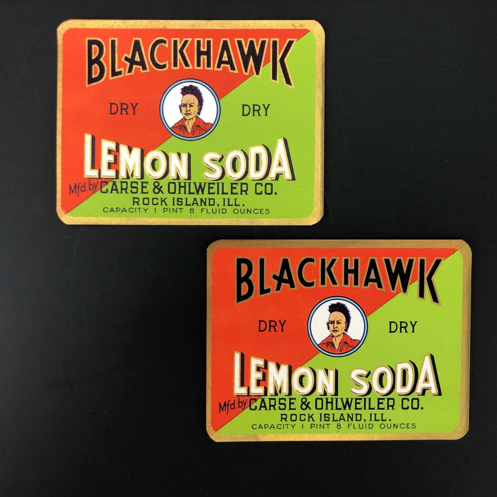 Vtg Blackhawk Lemon Soda Pop Label Advertising Carse Ohlweiler Rock Island ILL.