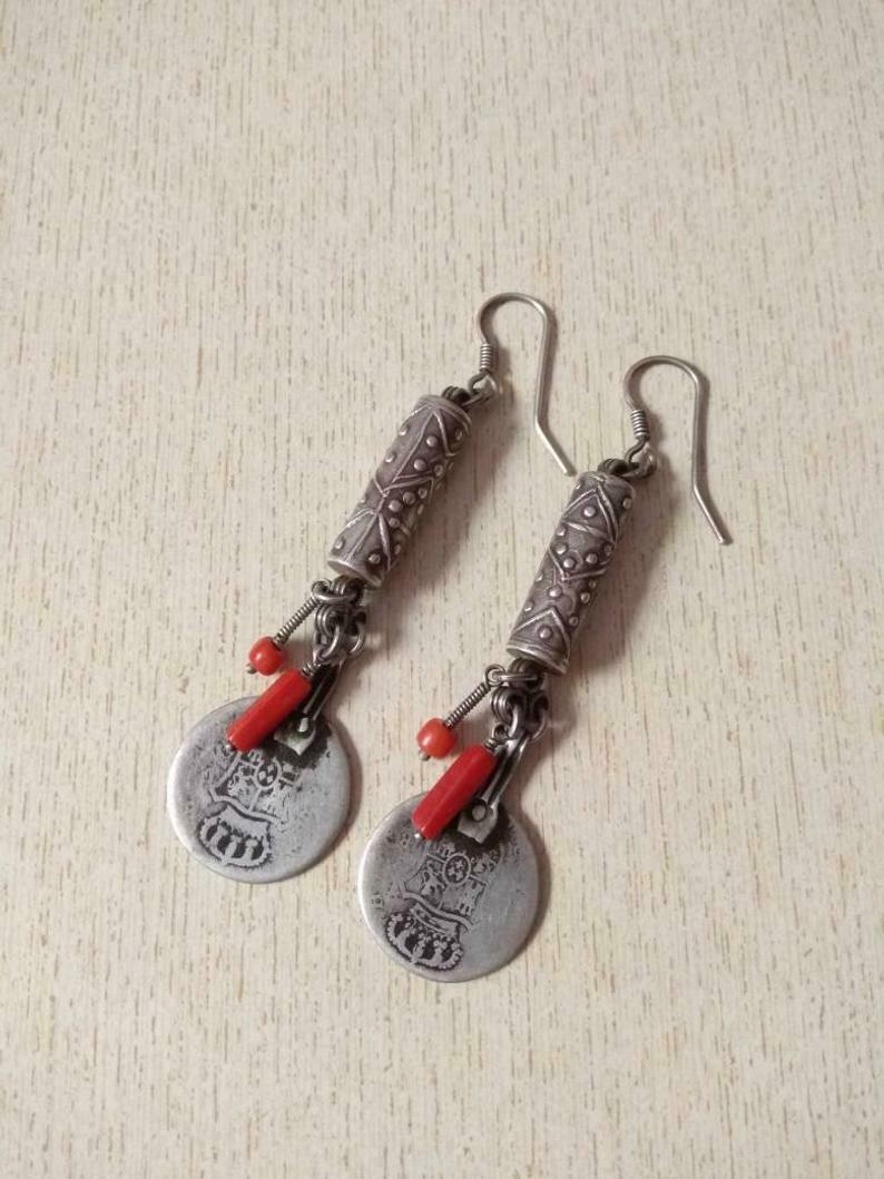 Moroccan Silver Berber Earrings With Berber Cone & Coral And Spanish Silver Coin