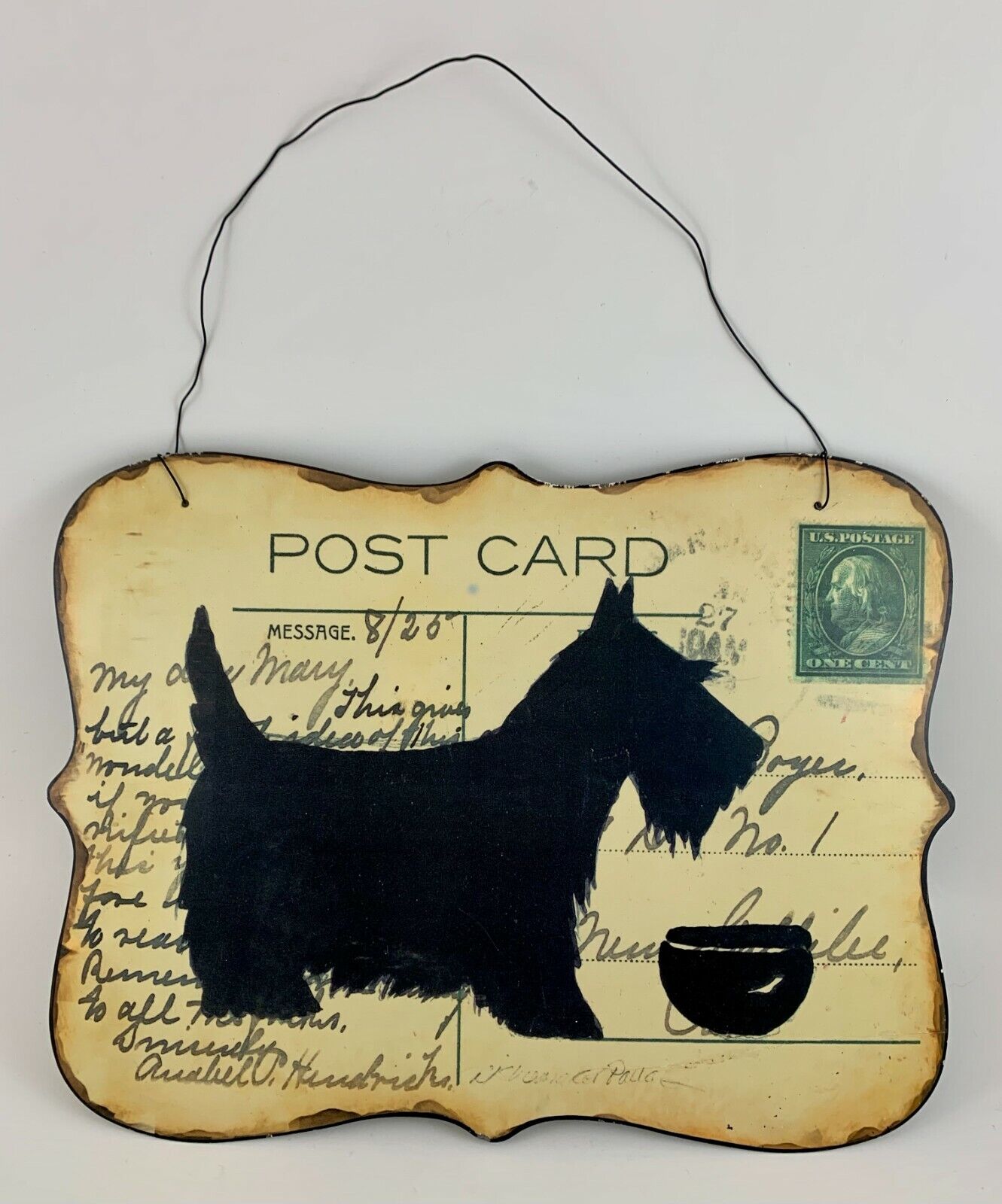 Vtg. Antique Look Postcard 1 Cent Stamp Metal Sign~ Scottie Dog Scottish Terrier