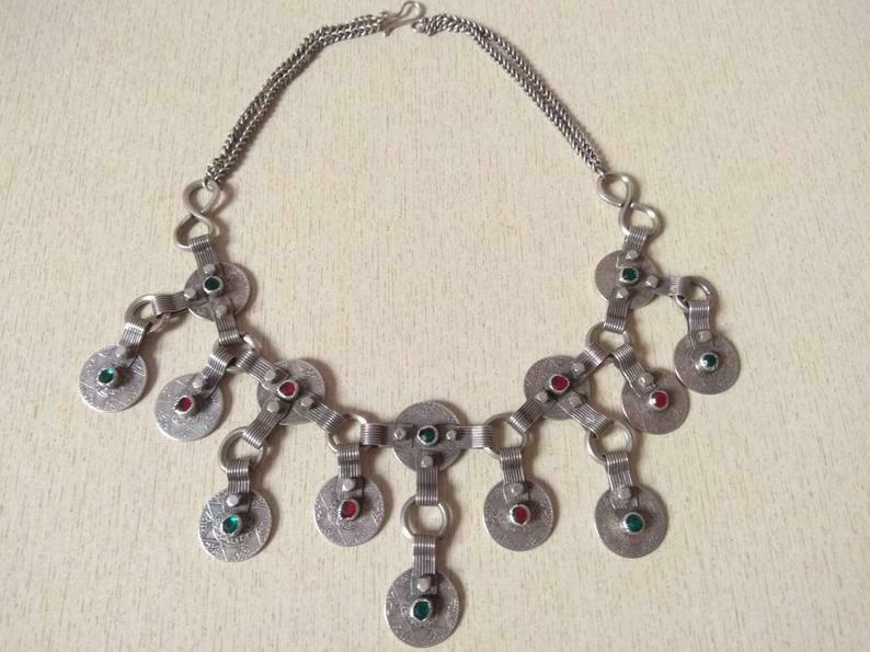 Antique Silver Berber Necklace From Morocco With Old Coins And Glass