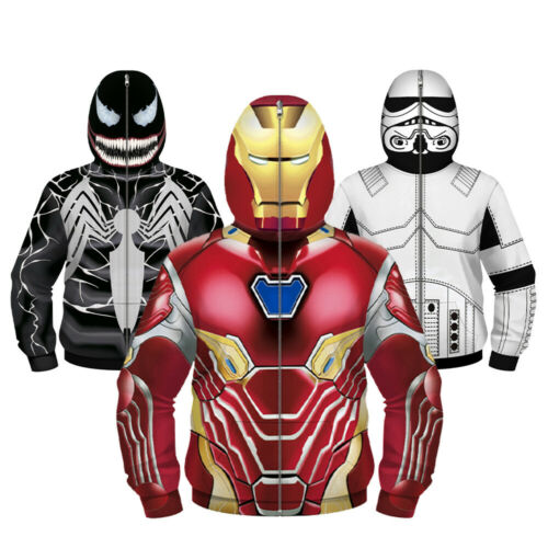 Iron Man Digital Printed Zipper Hoodie Kids Cosplay Masked Long Sleeve Sweatshir