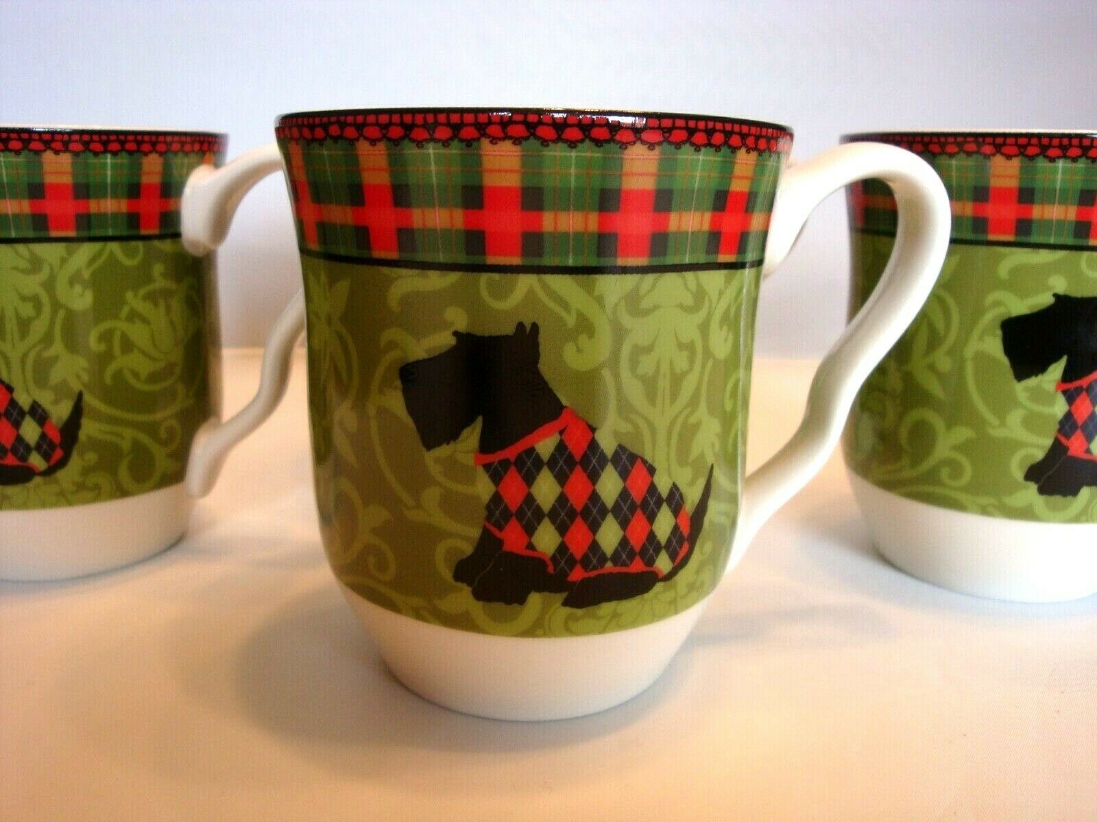 4 Scotty Dog Mugs Tea/coffee 222 Fifth Christmas (set Of 4) Plaid Fine China