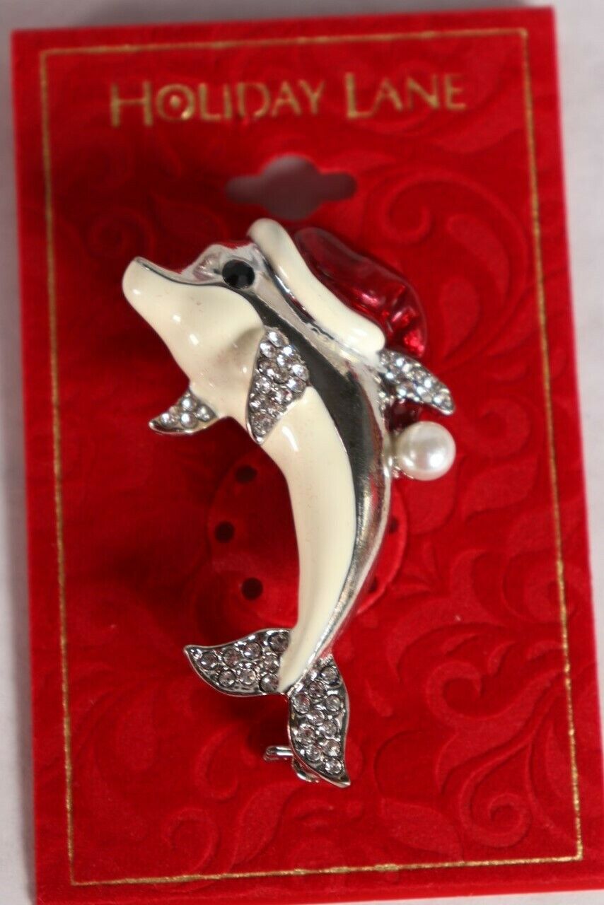Holiday Lane Silver Tone Crystal & Enamel Santa Dolphin Pin / Brooch $24.50 NWT