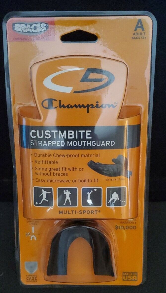 Champion Custmbite strapped mouthguard includes case & compatible with braces