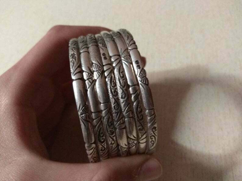 Set Of 7 Silver Berber Bracelets From Morocco With Hallmark