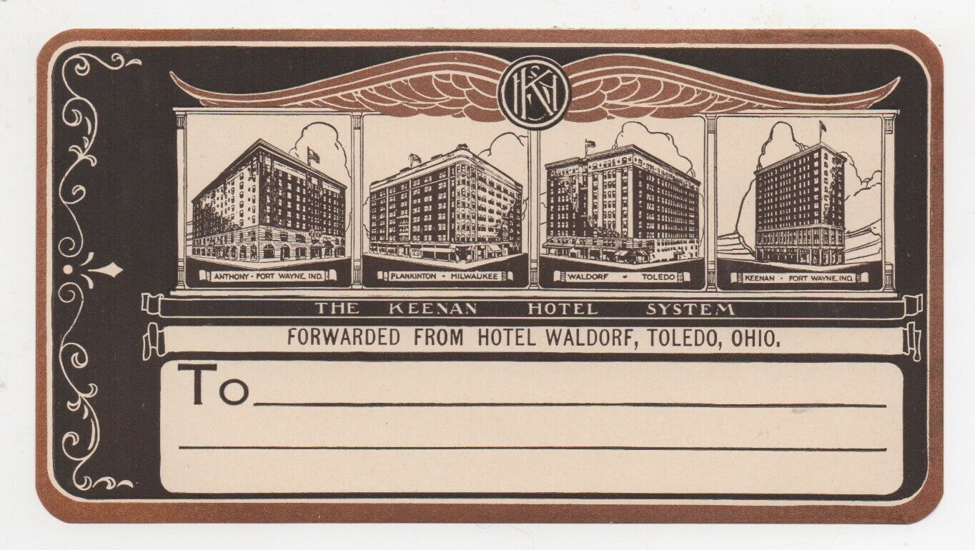 Large Vintage Luggage Label Hotel Waldorf Toledo Ohio Keenan Hotels
