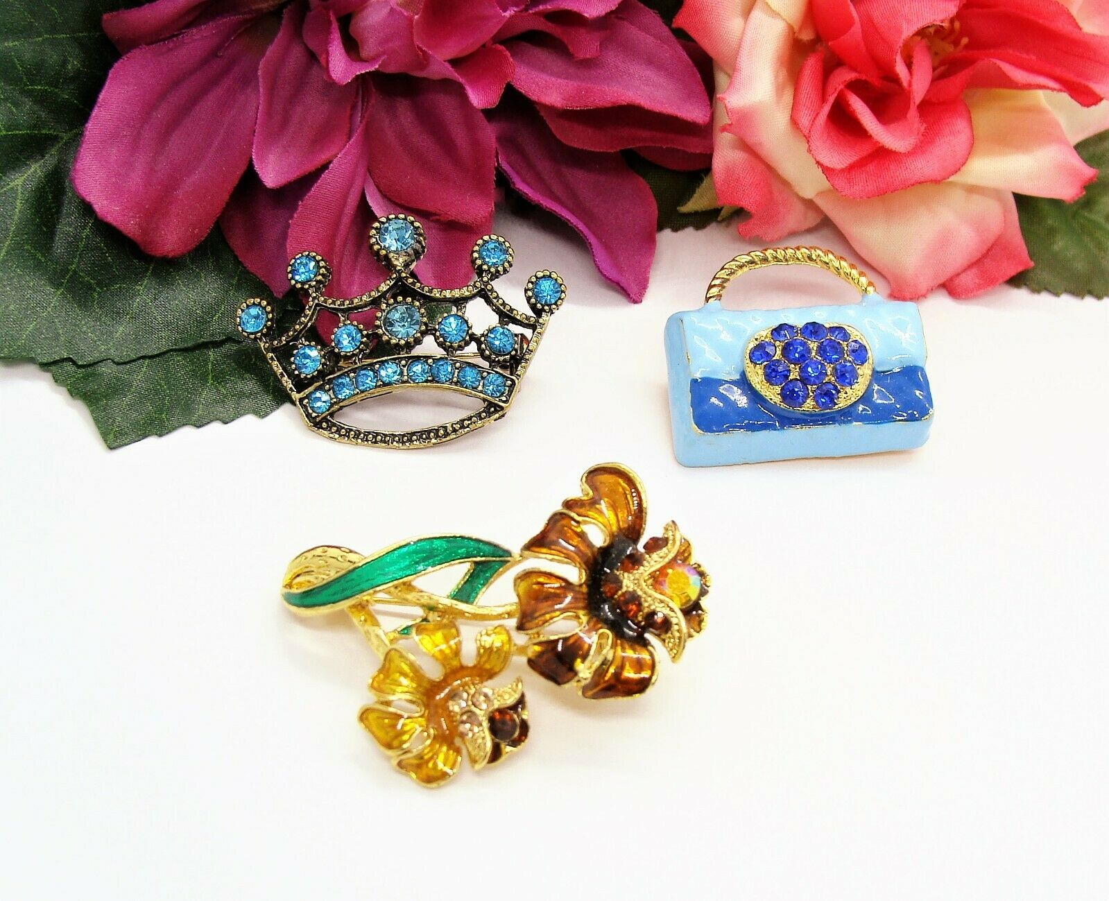 Sparkly! 3 Goldtone & Multi Rhinestone Crown Purse Handbag & Flower Brooches!