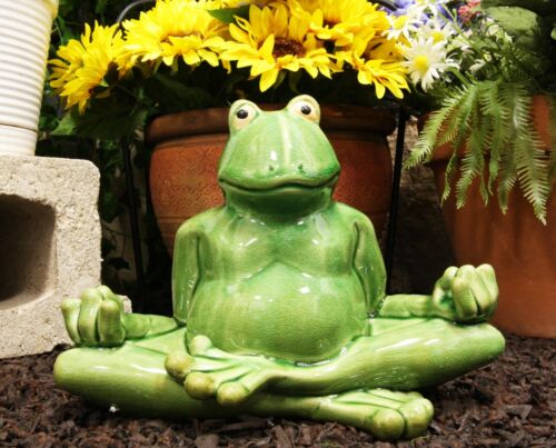 Lotus Peace Ceramic Whimsical Meditating Yoga Green Frog Home Garden Statue 11