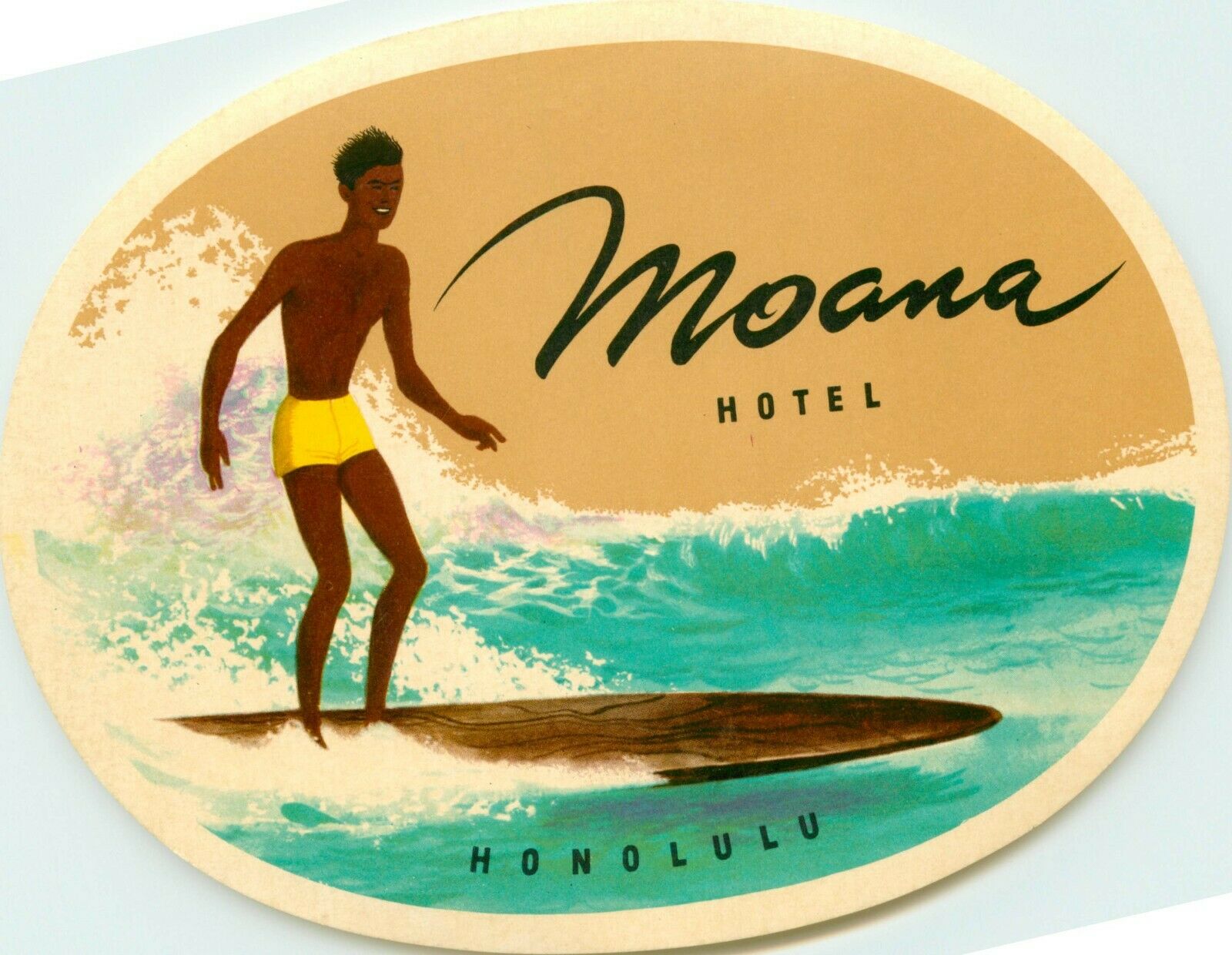 Moana Hotel ~honolulu - Hawaii~ Vibrant Surf / Surfing Luggage Label, 1950  Mint