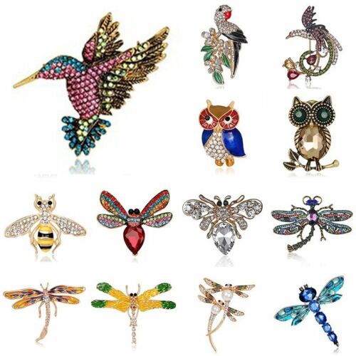 Fashion Animal Owl Dragonfly Bee Crystal Pearl Brooch Pin Women Costume Jewelry